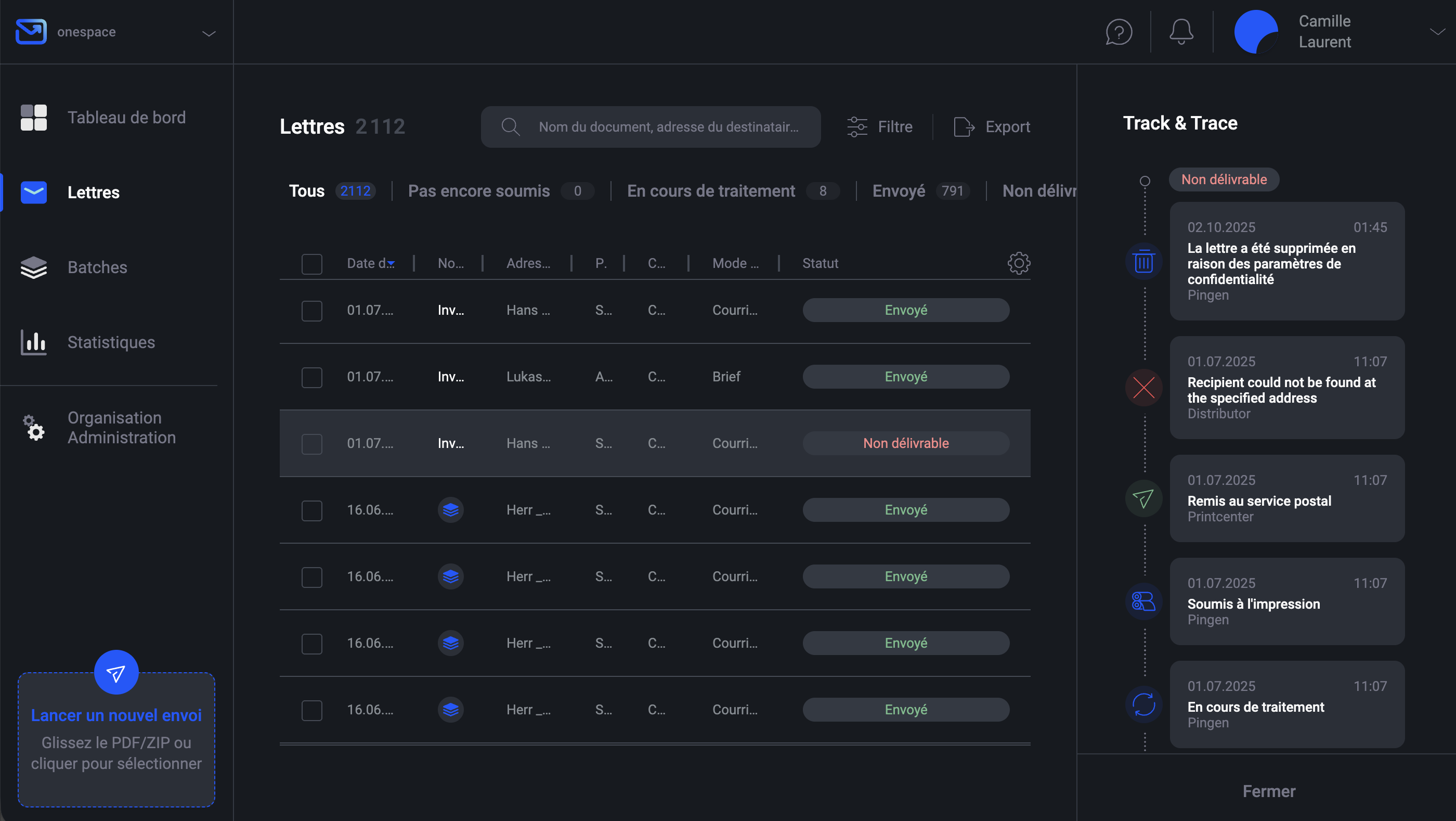 Liste de lettres Pingen montrant le traitement automatique des courriers non distribuables