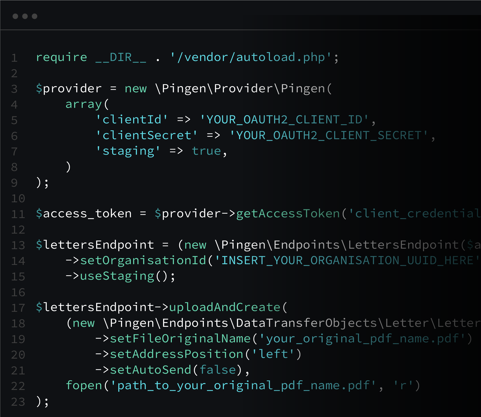 Example PHP code demonstrating how to use the Pingen API