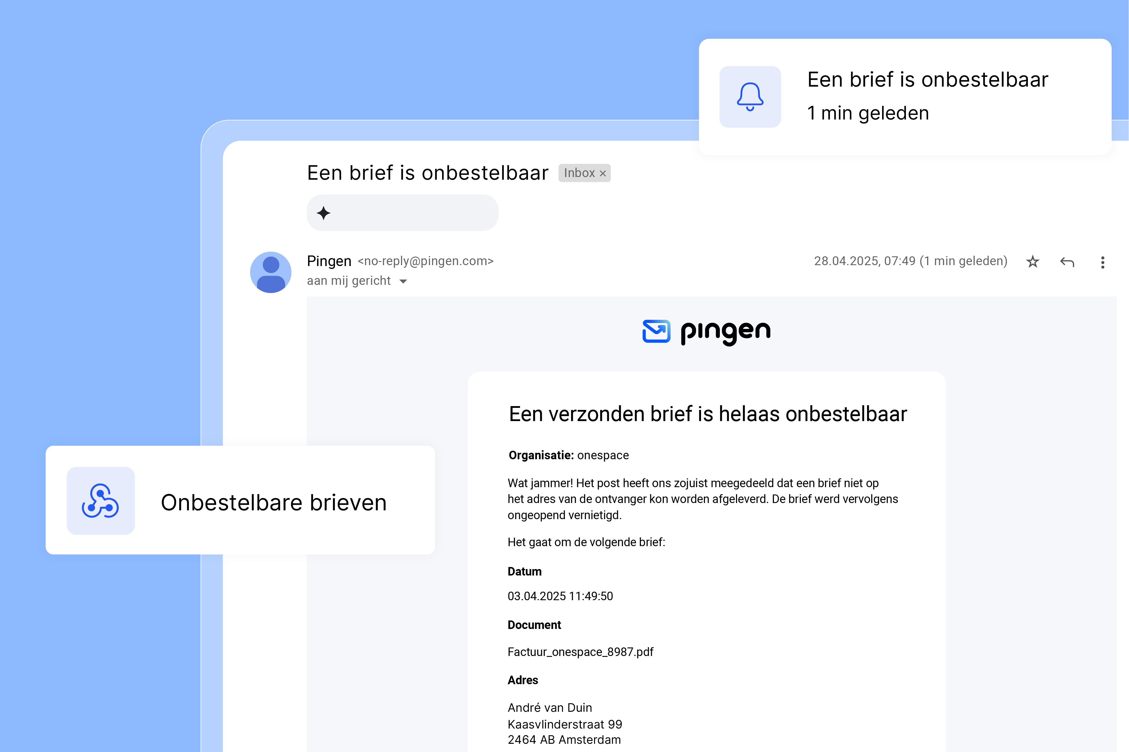 E-mailmelding van Pingen over een retourzending