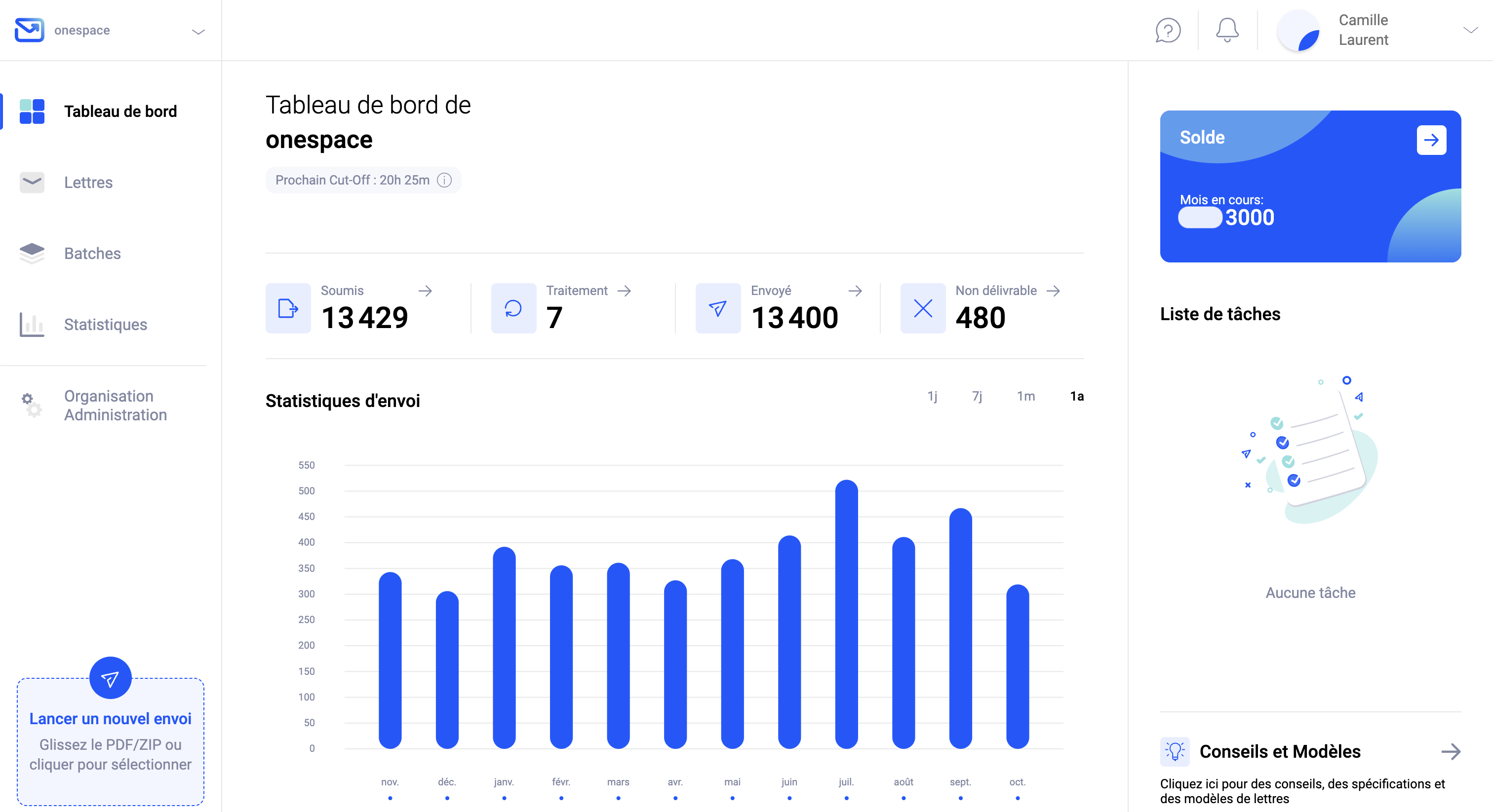 Tableau de bord de l’application web Pingen