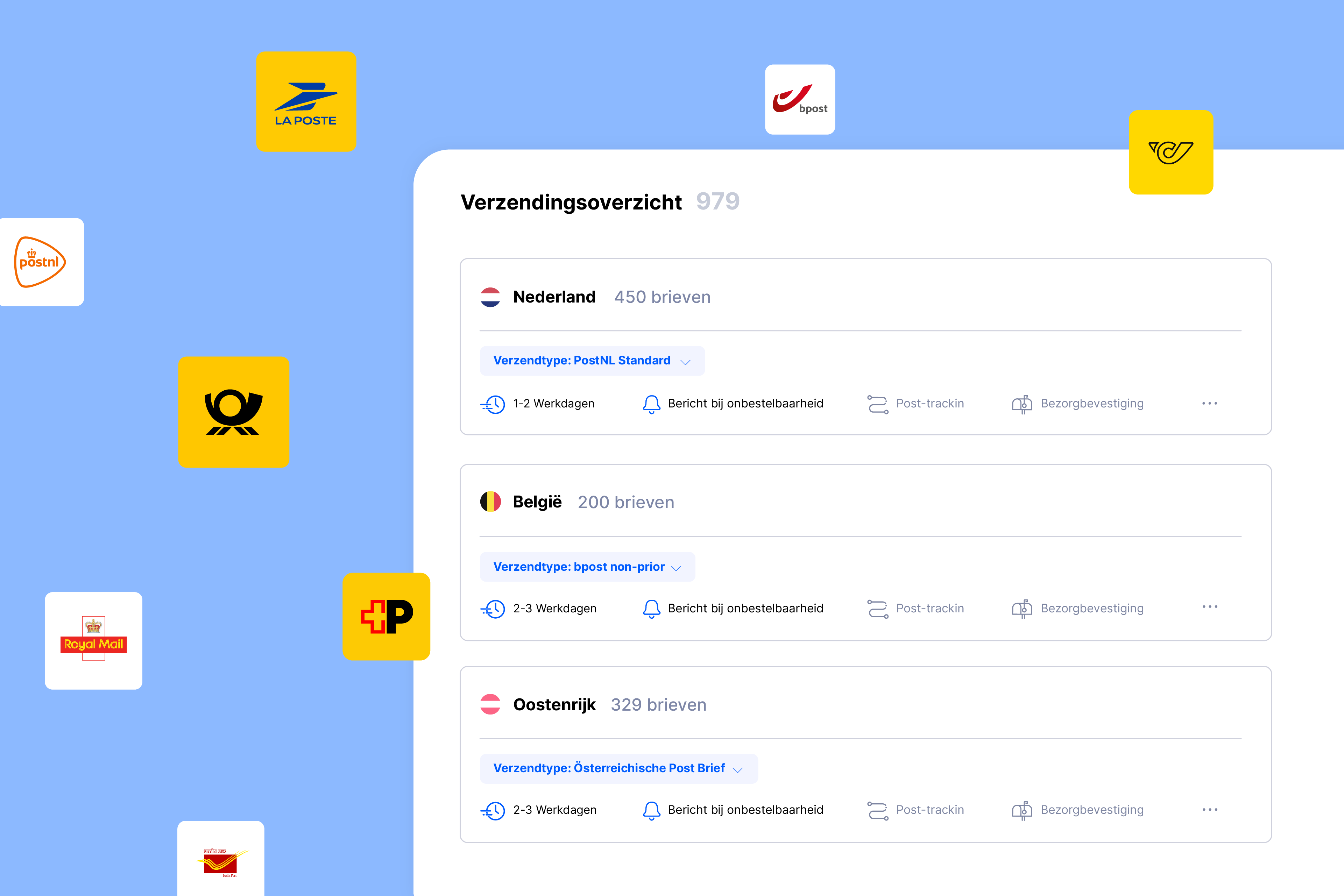 Verzendoverzicht in de Pingen WebApp met postlogo’s