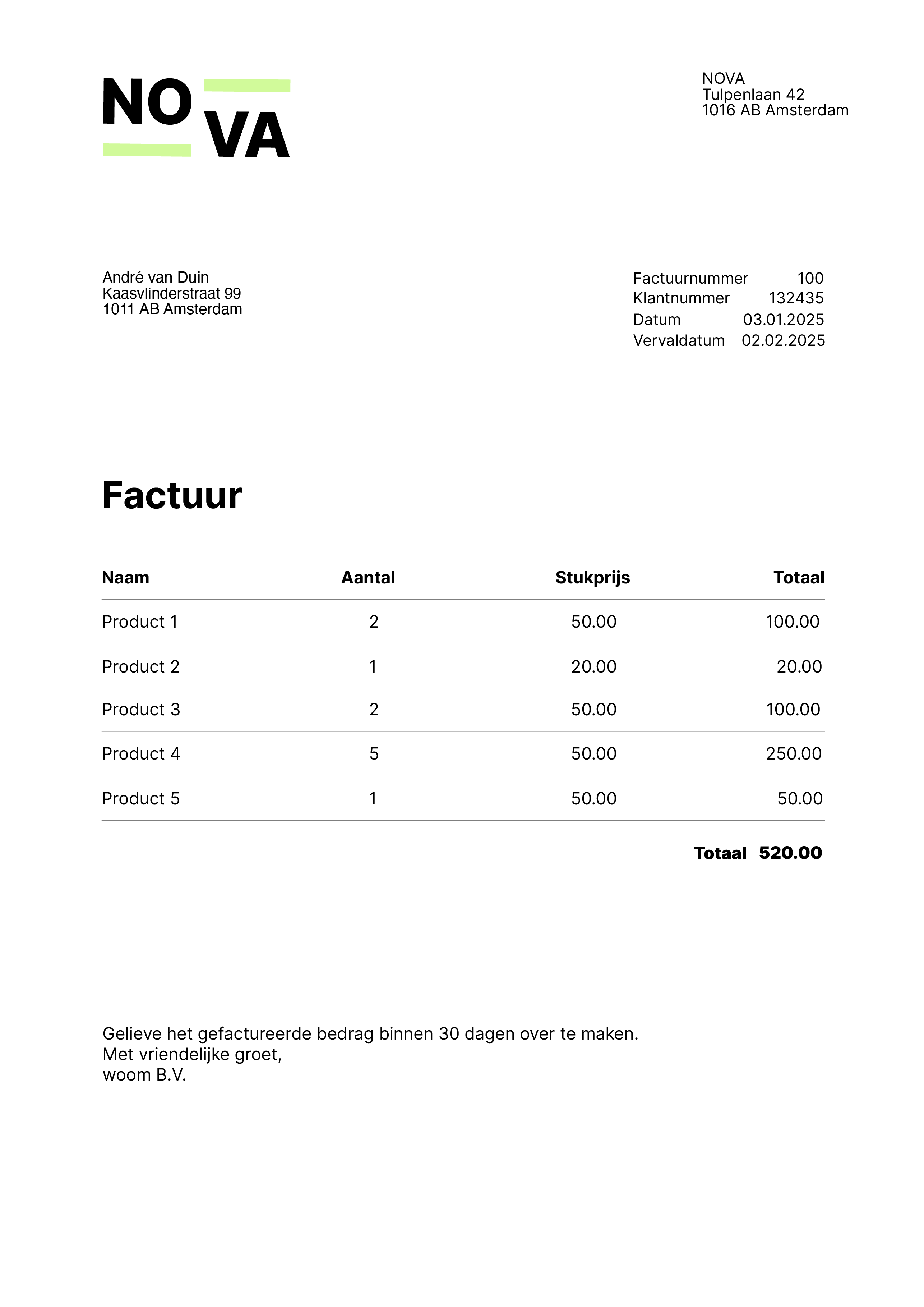 Use case factuurverzending – Voorbeeldfactuur