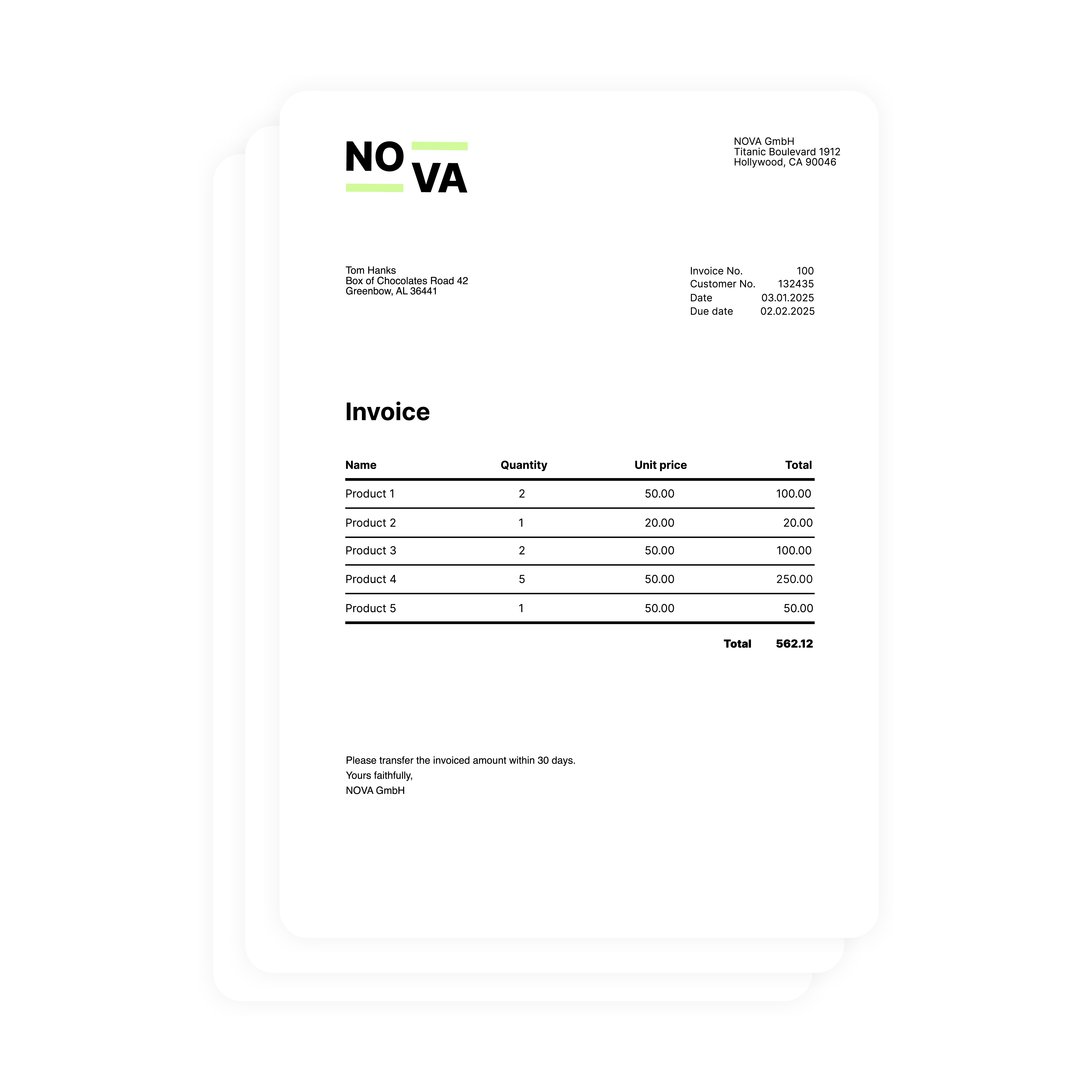 Bulk mailing example invoices