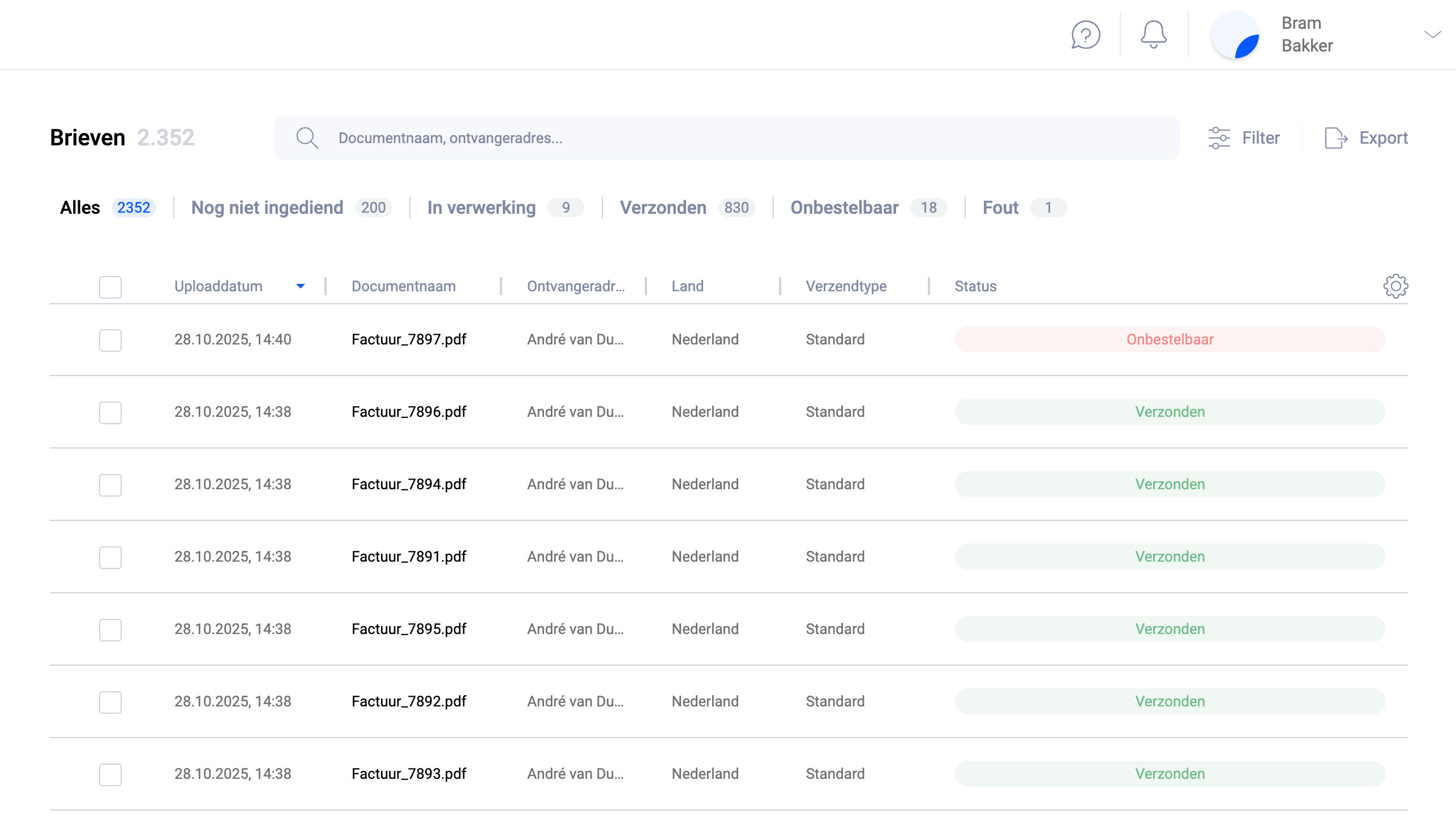 Detailoverzicht van een brief in de Pingen-webapp