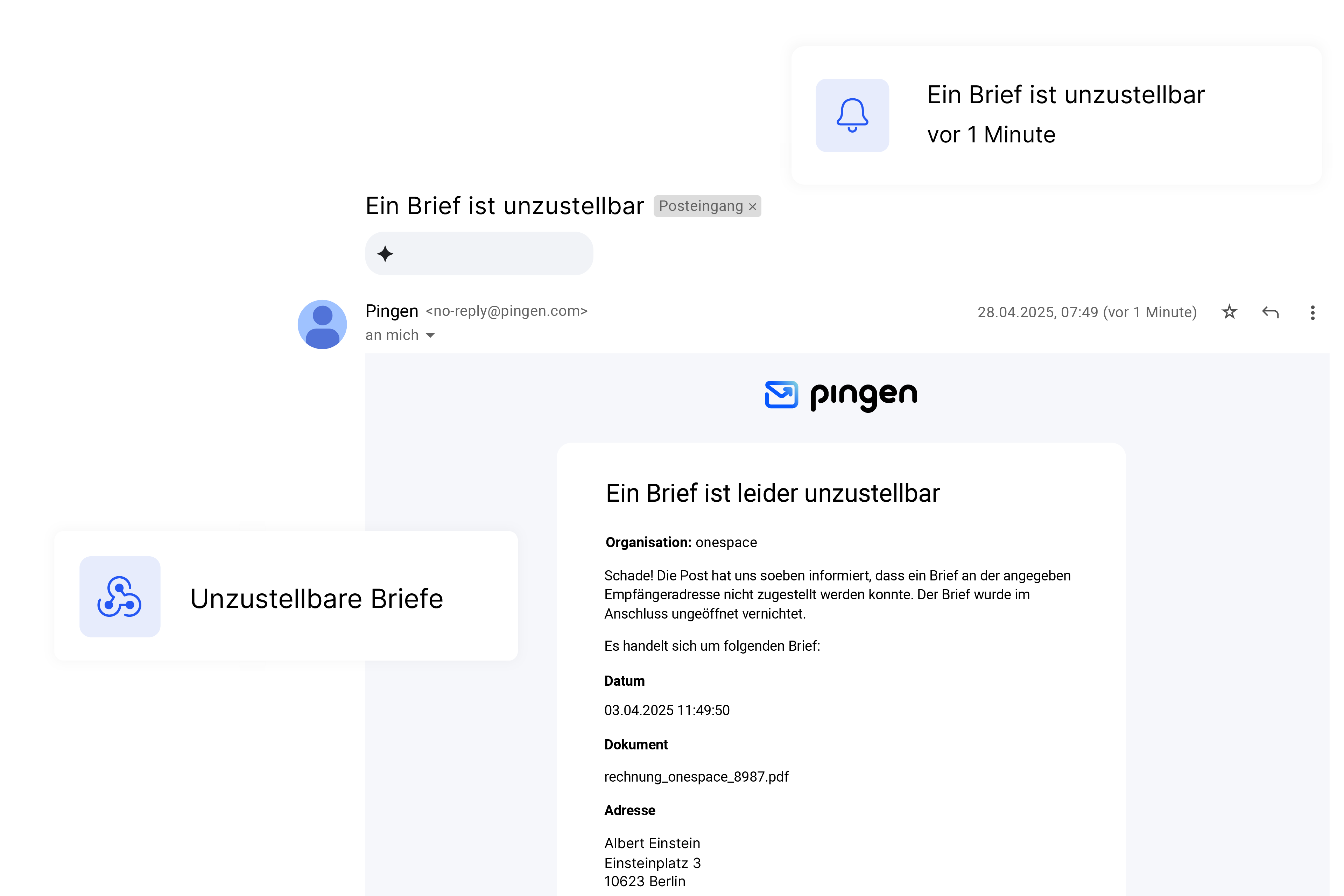 E-Mail-Benachrichtigung von Pingen über eine nicht zustellbare Sendung