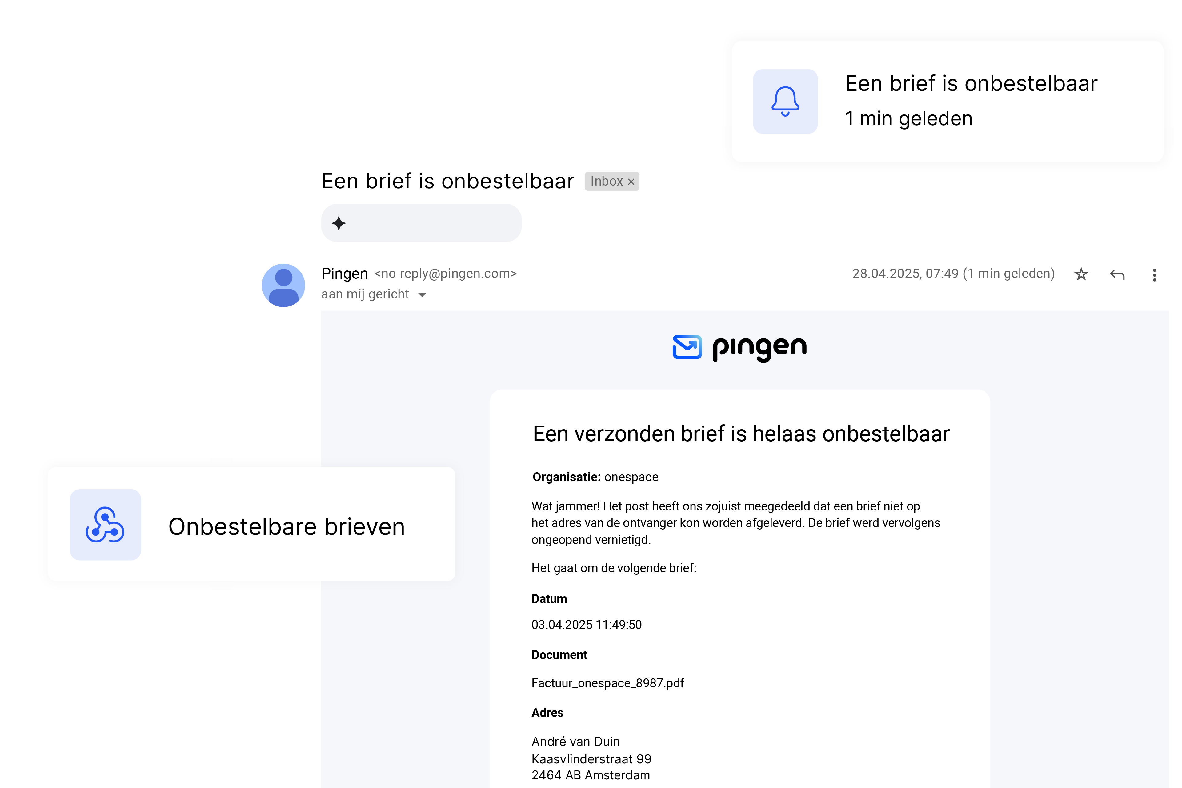 E-mailmelding van Pingen over onbestelbare post