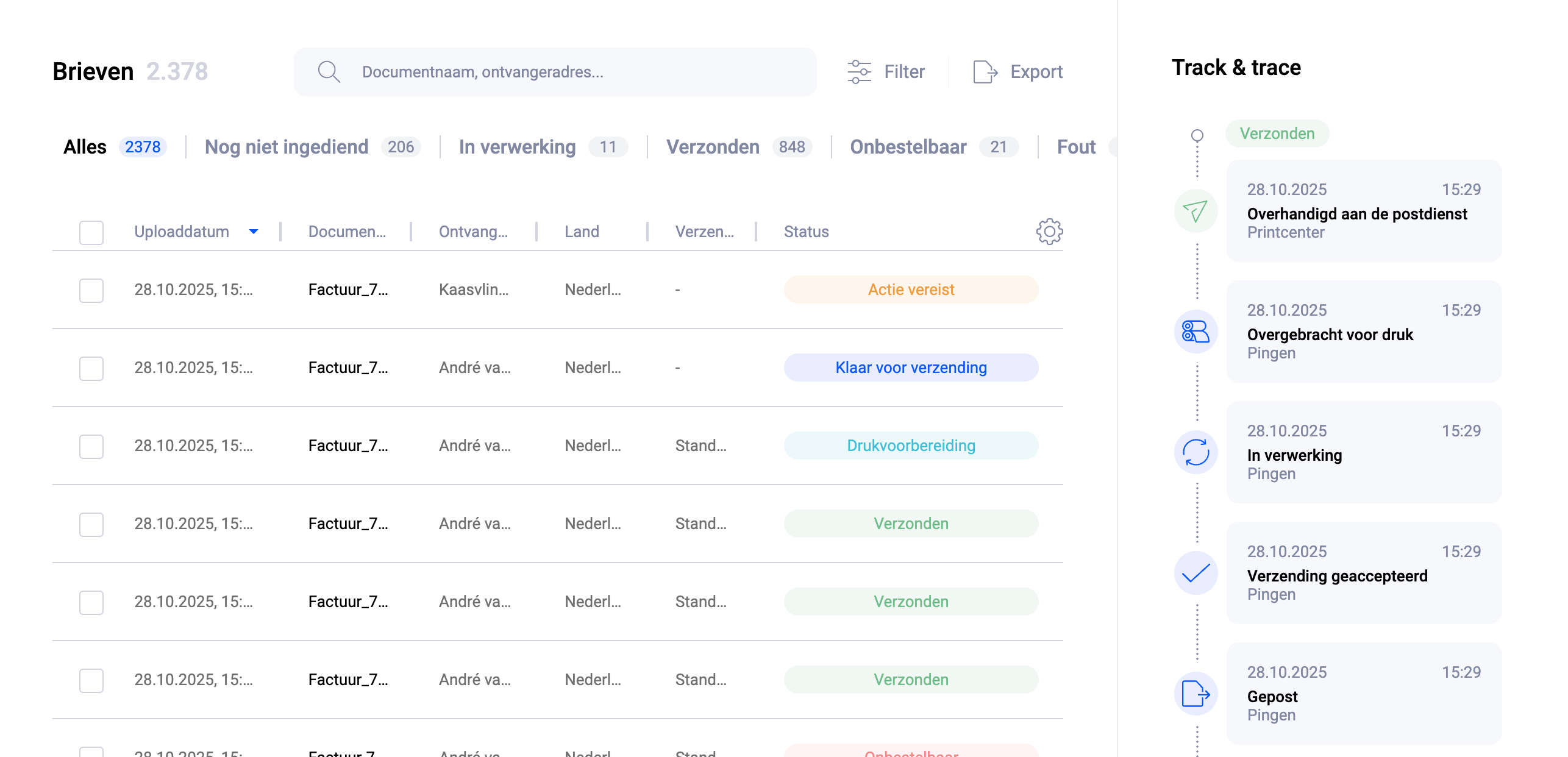 Pingen WebApp toont realtime trackingstatus