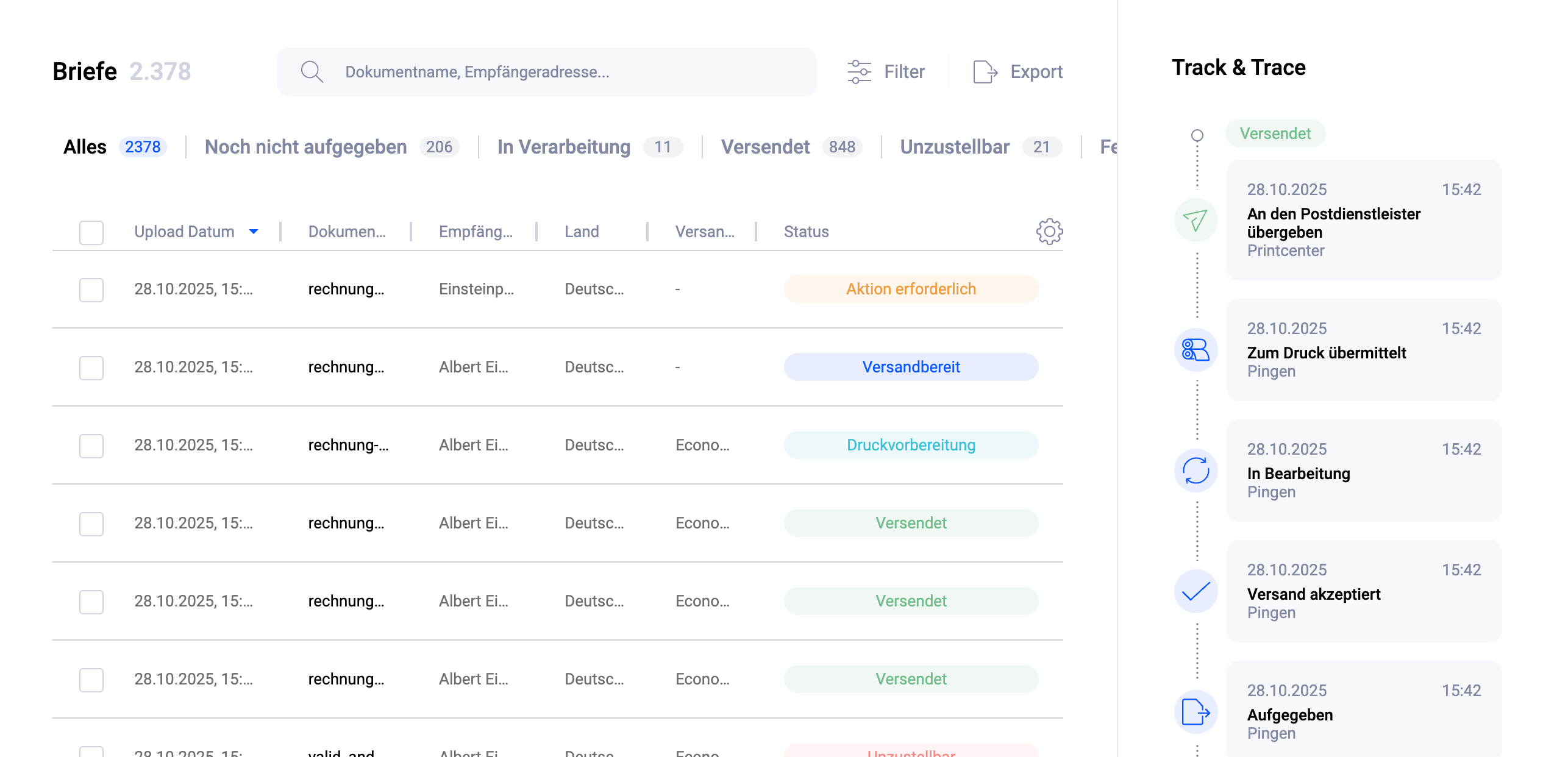 Pingen WebApp zeigt den Echtzeit-Status der Sendungsverfolgung