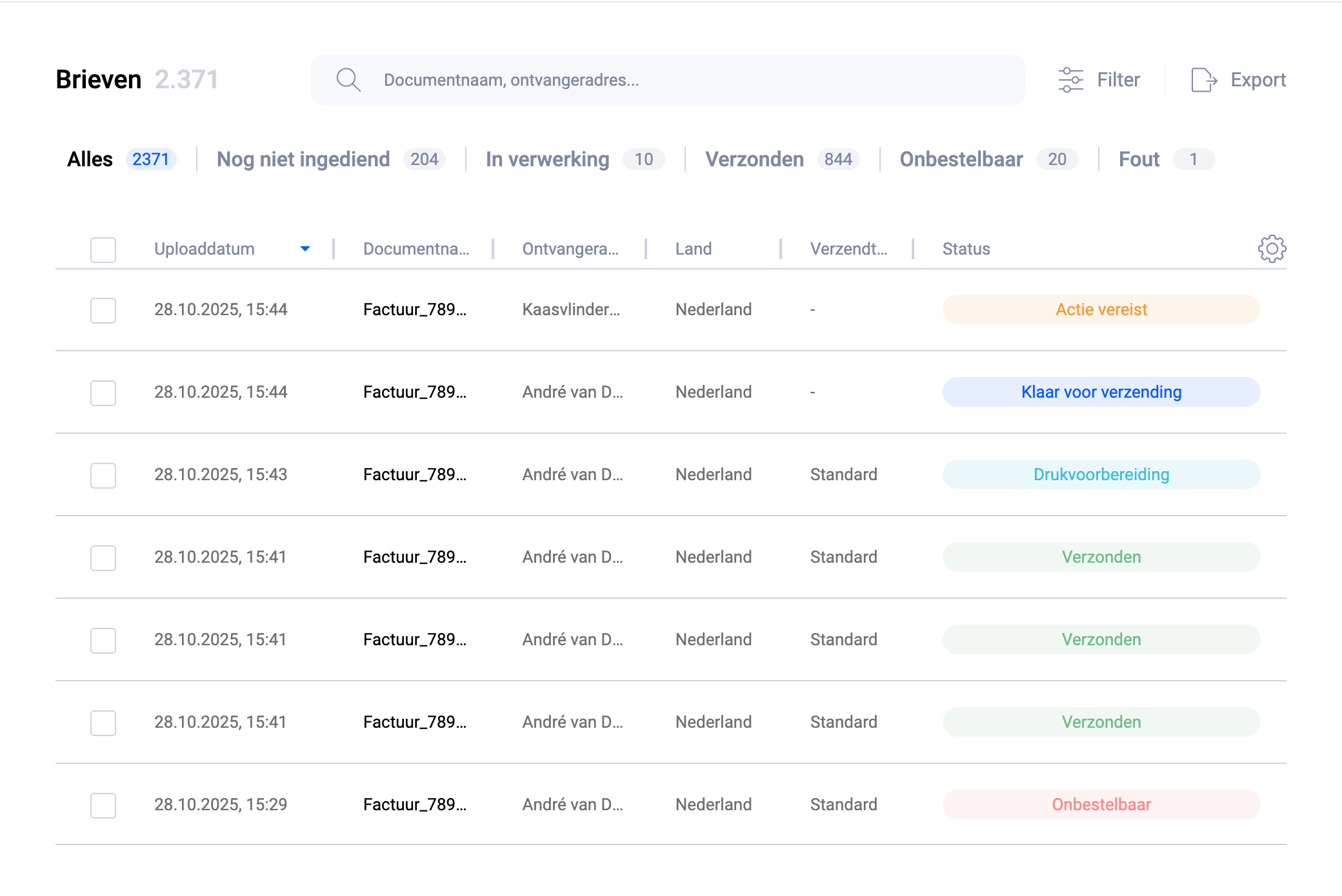 Overzicht briefvolging Pingen webapp