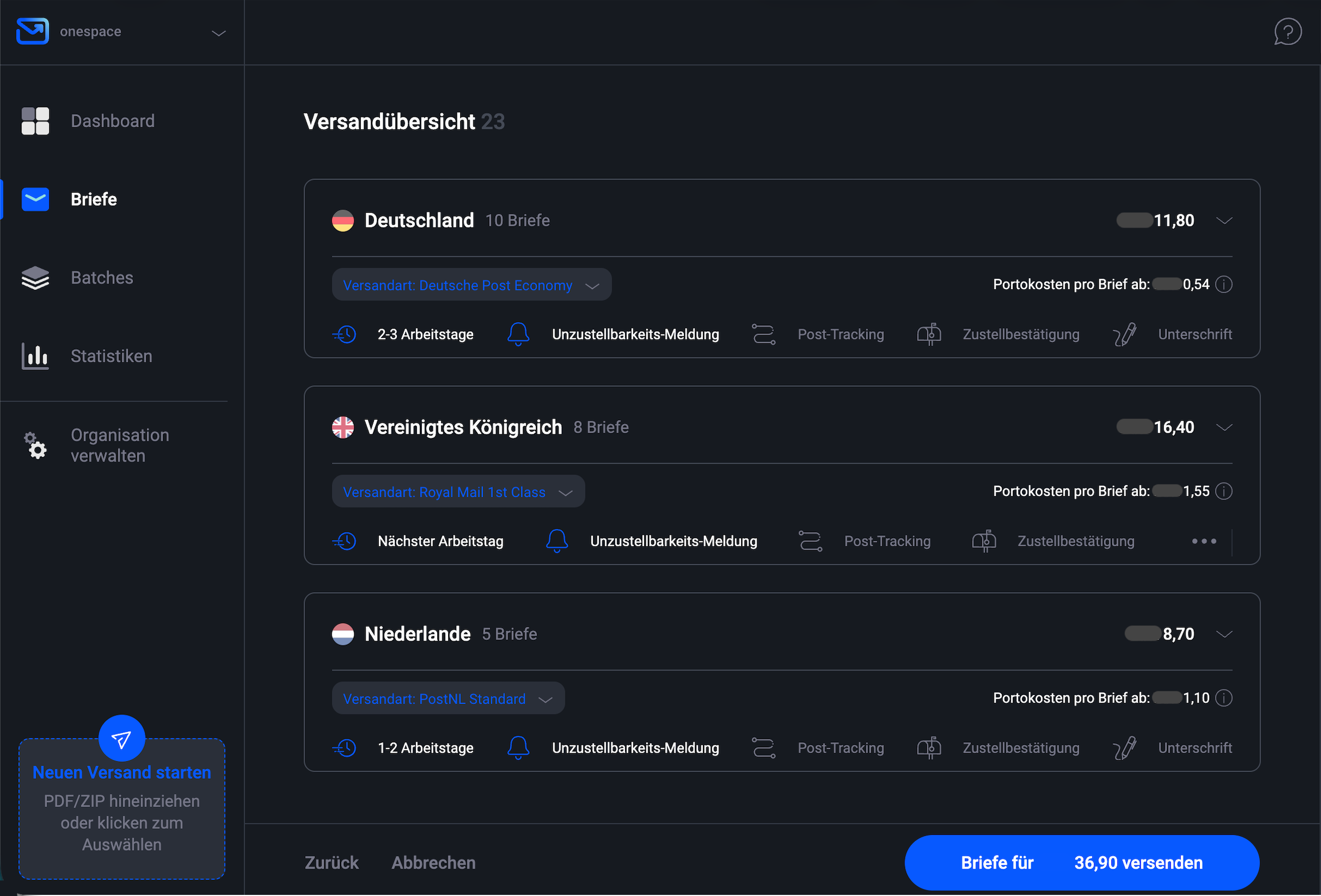 Pingen WebApp - druck versandoptionen