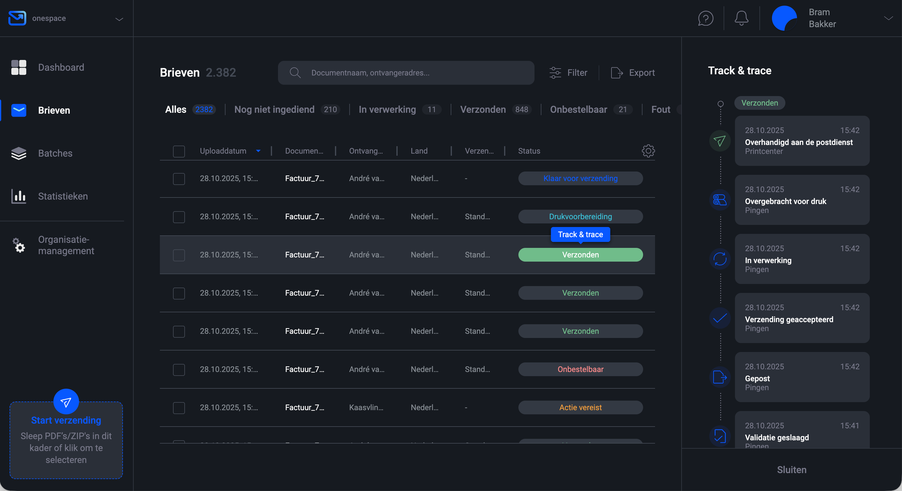 Pingen WebApp toont realtime trackingstatus