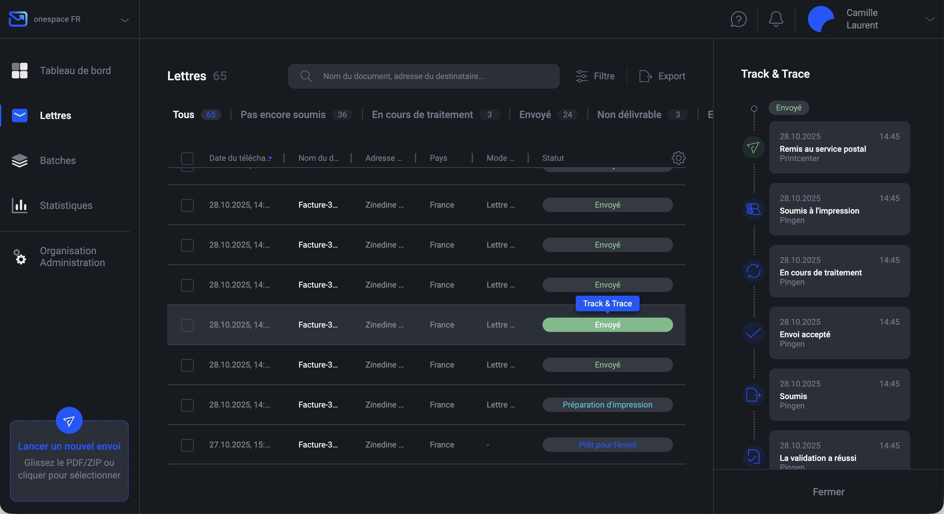 Pingen WebApp affichant le statut de suivi en temps réel